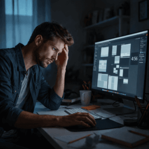 Profissional frustrado tentando criar design no computador